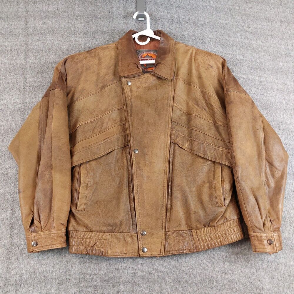 VTG Midway Invasion Force Brown Leather Bomber Jacket Men's Large Full Zip